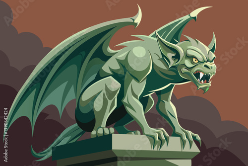 The gargoyle, with its sharp features and strong wings, stands on a pedestal against a darkening sky, exuding a sense of watchfulness and ancient strength.