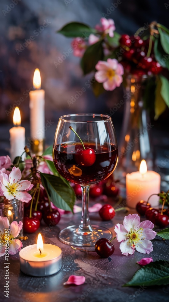 Glass of cherry liqueur and flowers Glass of cherry liqueur and flowers