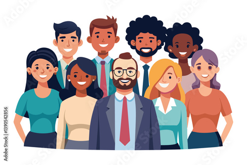 A united group of professionals stands together, showcasing smiles and enthusiasm, emphasizing teamwork in a vibrant office setting. Their diverse backgrounds highlight inclusivity.