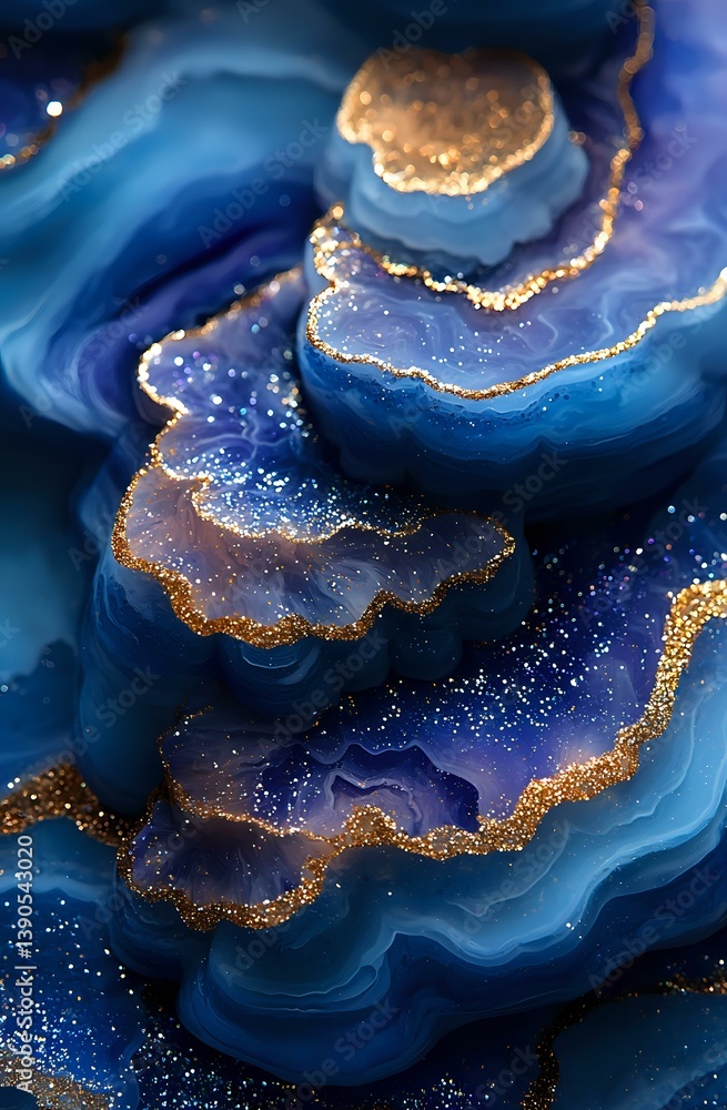 Abstract navy blue and gold geode art with flowing layers, glitter texture and metallic accents creates luxurious marble effect for elegant design projects.