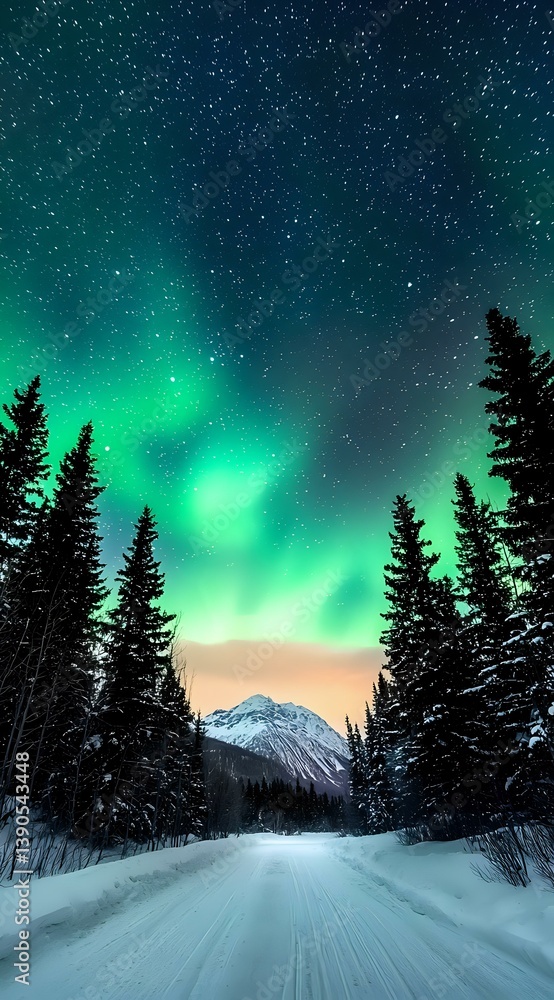 Fototapeta premium Magical northern lights dance over snowy mountain landscape with evergreen forest silhouettes and starry night sky, illuminating winter road in ethereal green glow.