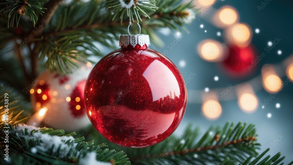 Obraz premium Christmas tree with red glass decorations on snow-covered branches and a bokeh of flickering light garlands for a family winter holiday. Festive mood.