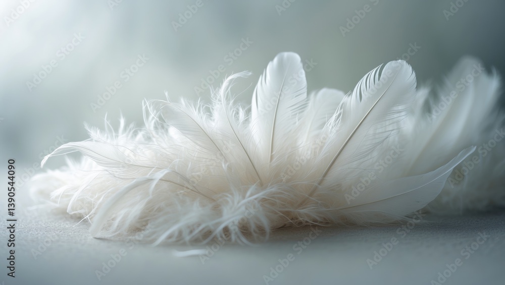 Feathers in white fluff against a pale teal blue backdrop - soft focus Feathers in white fluff against a pale teal blue backdrop - soft focus