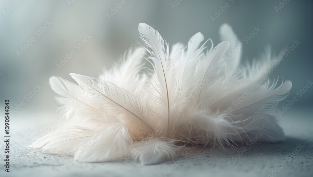 Fototapeta premium White fluffy feathers resting on a pale teal blue backdrop - soft focus.