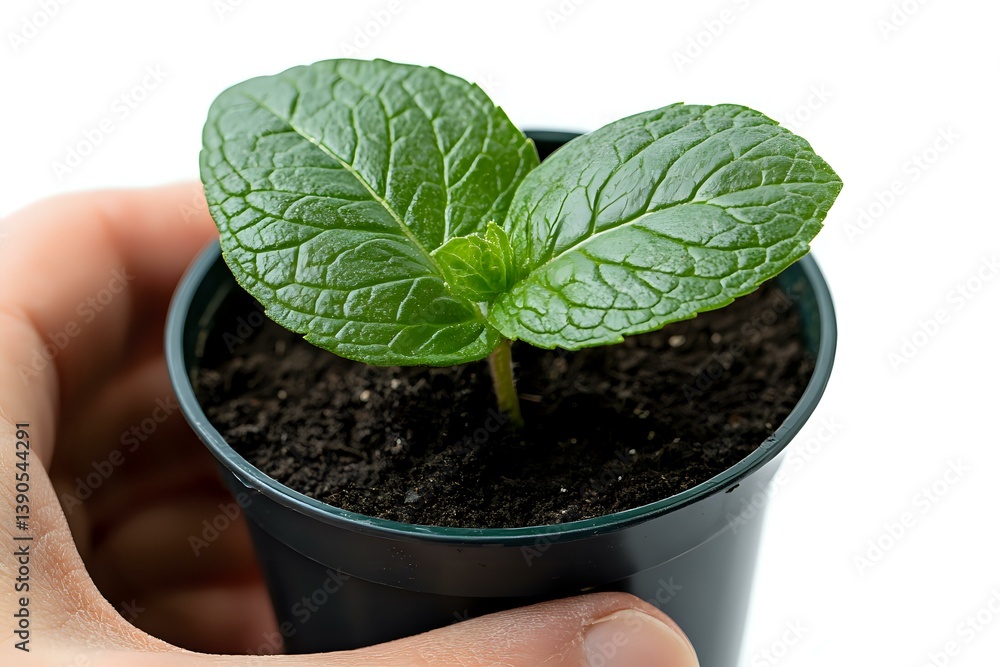 Fresh mint seedling with textured green leaves growing in small black pot with soil, held by hand against white background. Macro view of young herb plant.