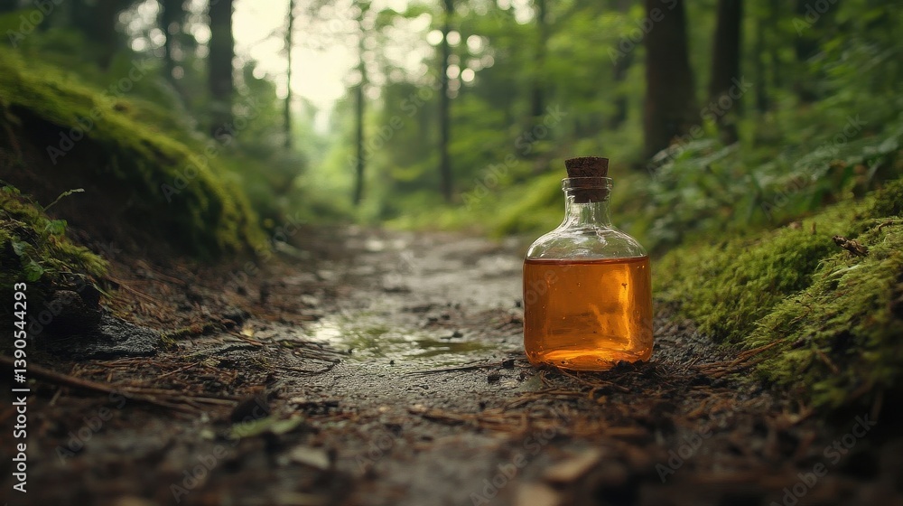 A glass bottle containing a golden liquid sits on a forest trail A glass bottle containing a golden liquid sits on a forest trail