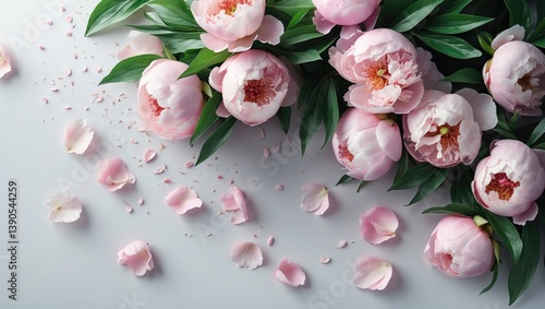 Fototapeta Naklejka Na Ścianę i Meble -  Arrangement of lovely pink peonies and petals on a white backdrop, top view