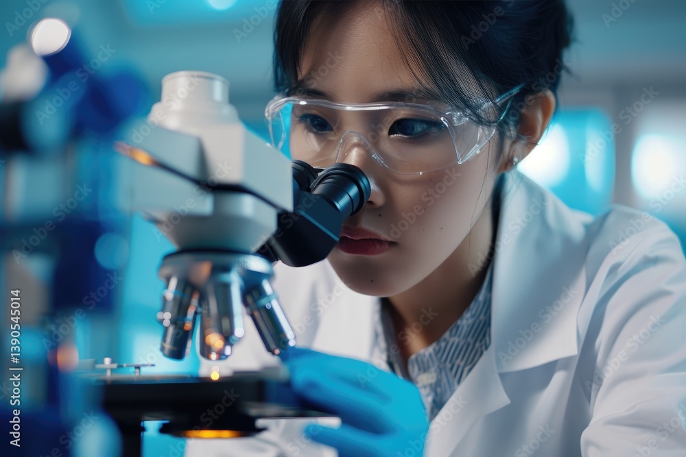 Medical Science Laboratory: Portrait of Asian Scientist Looking Under Microscope Medical Science Laboratory: Portrait of Asian Scientist Looking Under Microscope