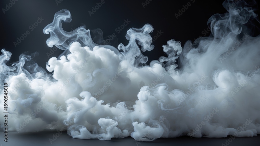 Naklejka premium White vapor smoke clouds isolated on a black backdrop. Gas explodes, swirls, and dances in space. A magical fog dust texture effect.
