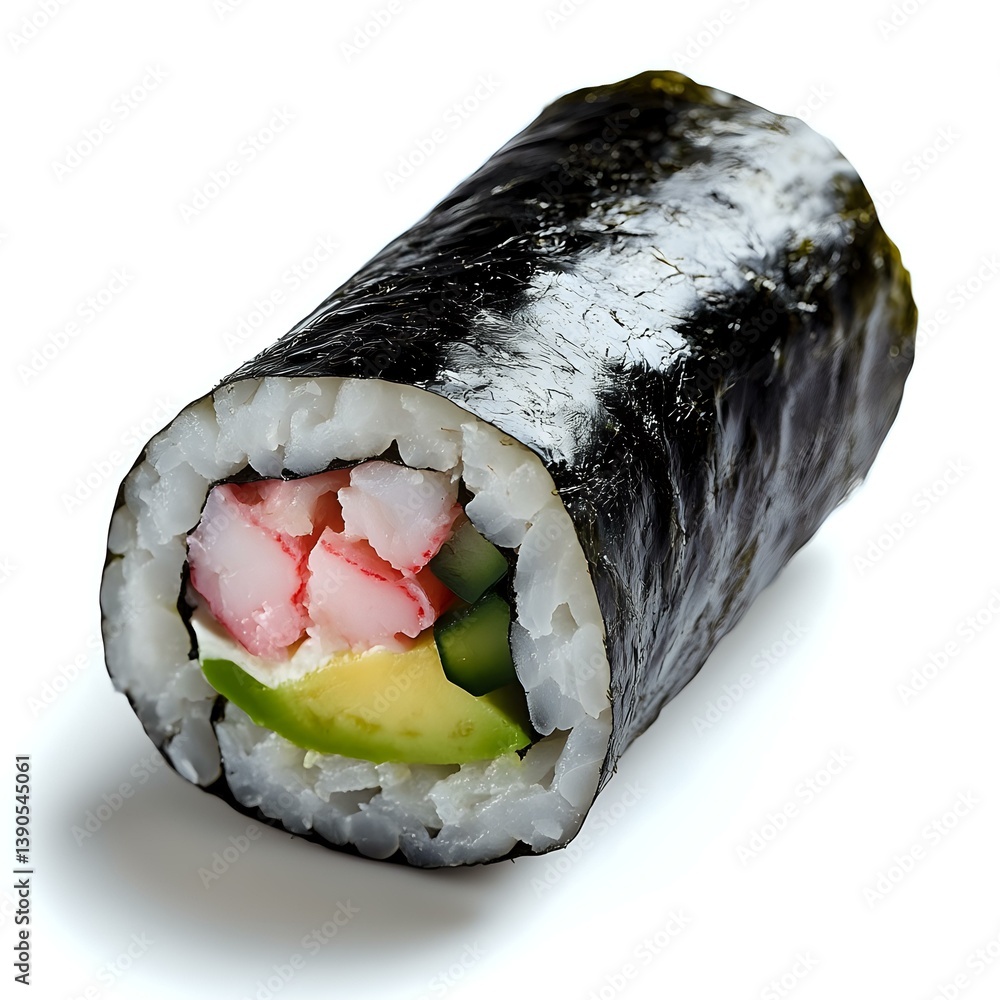 Fresh sushi roll with crab meat, avocado and cucumber wrapped in nori seaweed and white rice, isolated on white background for menu design and food packaging.
