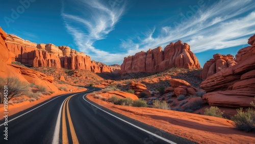 In the Mojave Desert, near Las Vegas, lies Valley of Fire State Park, a public area for recreation and nature preservation. It features a scenic road surrounded by striking red sandstone.