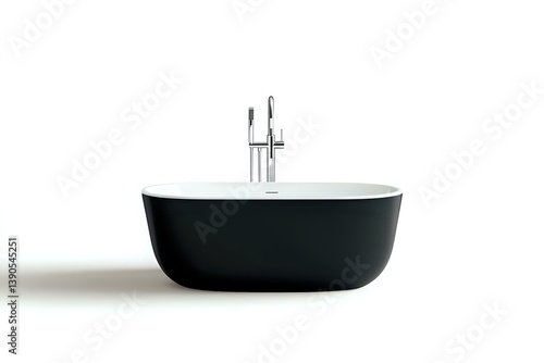 Obraz na płótnie Modern black freestanding bathtub with chrome faucet on white background, minimalist bathroom interior design element, isolated luxury spa fixture. w salonie