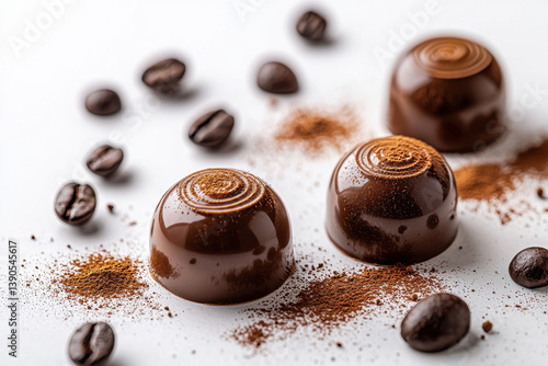 Delicious chocolate truffles with coffee flavor, surrounded by coffee beans and cocoa powder on white background