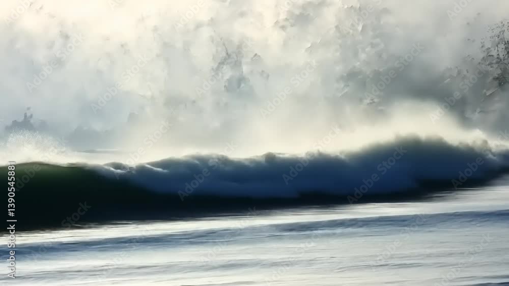 Serene Ocean Wave Crashing on Shore at Sunrise with Misty Background and Lush Greenery Serene Ocean Wave Crashing on Shore at Sunrise with Misty Background and Lush Greenery