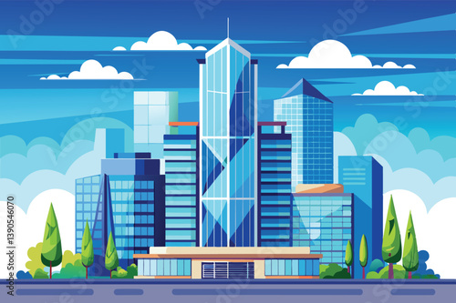 A collection of gleaming skyscrapers showcases modern architecture against a bright blue sky, with fluffy clouds and green trees framing the urban landscape.