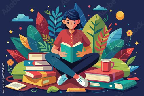 The individual is absorbed in a book, surrounded by a variety of stacked books and lively greenery, creating a tranquil reading environment.