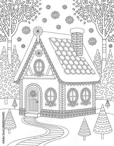 A whimsical, detailed black and white drawing of a gingerbread house nestled in a snowy winter scene
