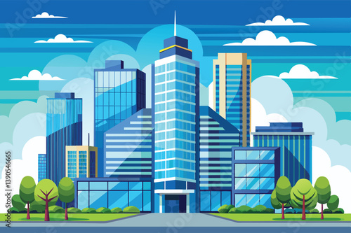 A vibrant urban landscape showcases several tall, glass buildings reflecting sunlight, complemented by lush green trees and fluffy white clouds above.