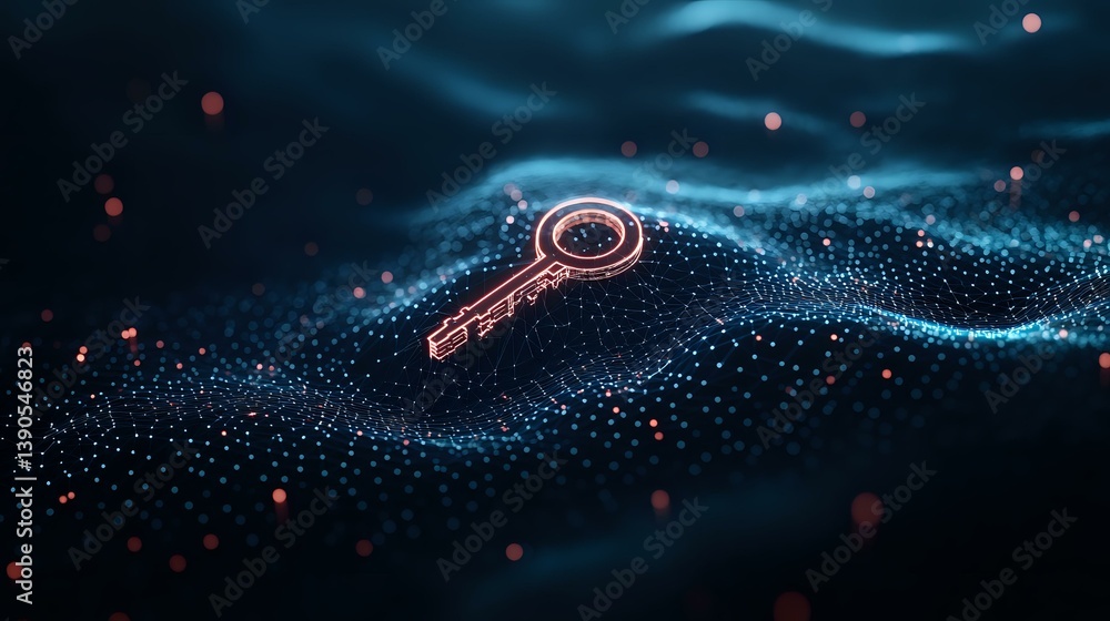 Glowing key symbol floating over abstract blue particle wave background with scattered light dots and bokeh effects in dark space. Digital security concept.
