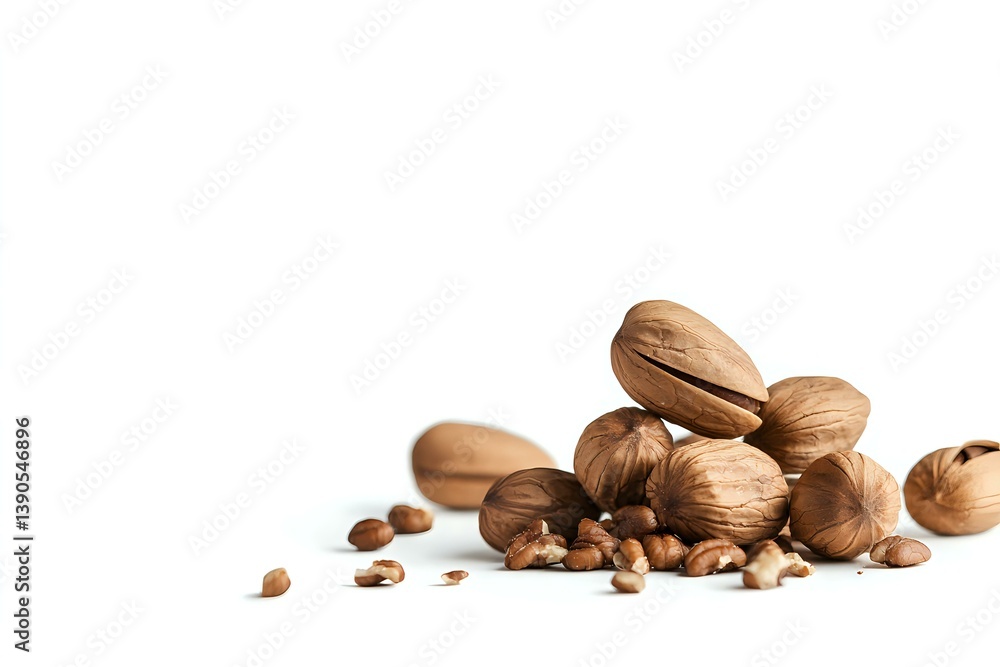 Mixed whole nuts including walnuts, hazelnuts and pine nuts scattered on white background, isolated composition for food packaging and healthy eating concepts.