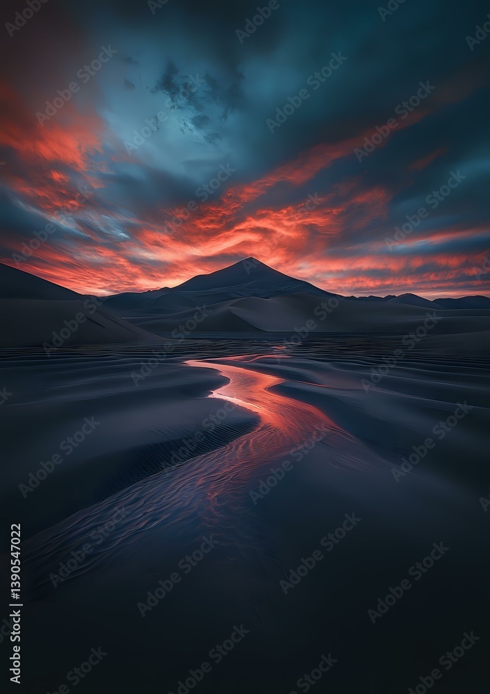 Dramatic sunset illuminates winding river through dark mountain landscape, with fiery orange clouds reflecting in water against deep blue twilight sky.