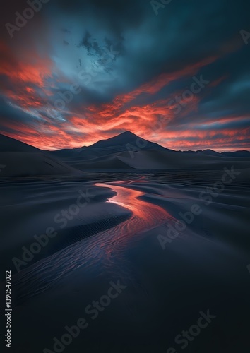 Obraz na płótnie Dramatic sunset illuminates winding river through dark mountain landscape, with fiery orange clouds reflecting in water against deep blue twilight sky. w salonie