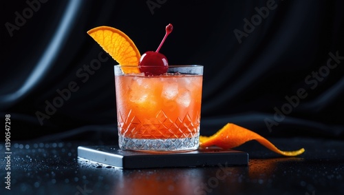 whiskey sour cocktail served on the rocks decorated with an orange slice and a maraschino cherry