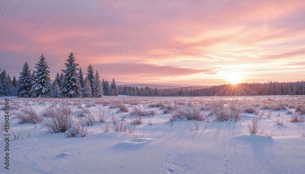 Winter Sunrise: A breathtaking winter sunrise paints the sky with vibrant hues of pink and orange as the sun peeks over the horizon. Winter Sunrise: A breathtaking winter sunrise paints the sky with vibrant hues of pink and orange as the sun peeks over the horizon.