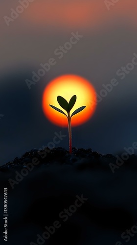 Obraz na płótnie Young seedling silhouetted against dramatic orange sunset, growing from soil in dark environment. Symbolic representation of hope, growth and new beginnings. w salonie