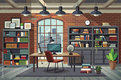The interior features a modern home office with brick walls, a large desk, bookshelves filled with books, and decorative plants creating a warm and inviting atmosphere.