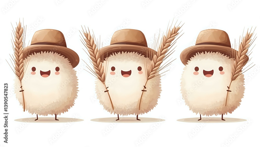 Obraz premium Cute cartoon wheat characters wearing brown hats and holding stalks, smiling with kawaii faces on isolated background. For children's book illustrations and farming themes.