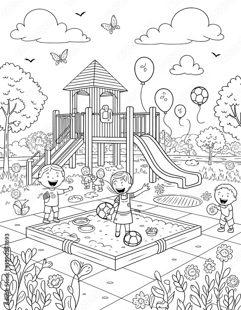Fototapeta premium A black and white coloring page illustration of children playing in a park playground