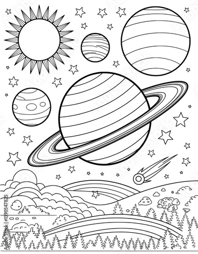 A captivating black and white coloring page featuring the solar system, planets, stars, and a landscape with hills and trees