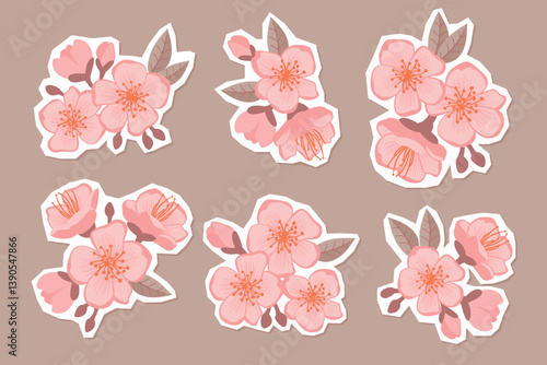 Cherry Blossom Stickers Set. Cartoon compositions with flowers, buds and leaves. Pink, brown, orange colors. Botanical designs with papper cut shapes for card, banner. Vector floral collage elements