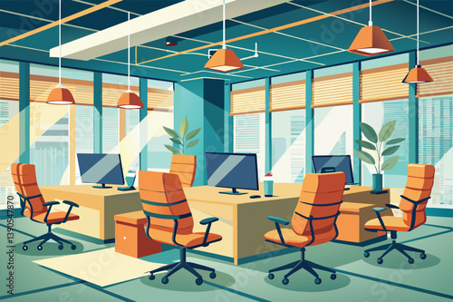 A spacious office area features multiple desks, ergonomic chairs, and large windows that let in plenty of natural light, creating a productive work atmosphere.