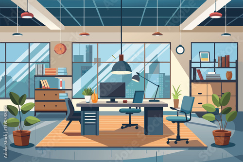 A contemporary office featuring a desk with a computer, bookshelves, and plants, illuminated by natural light from large windows, creating a productive atmosphere.