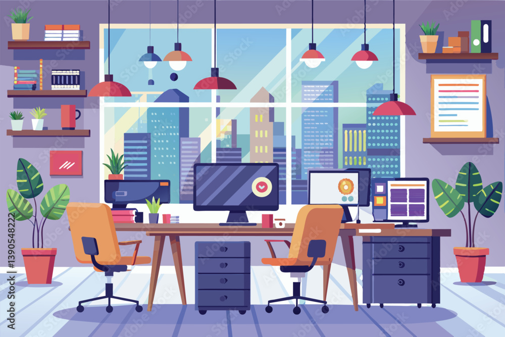 A bright office space features modern desks, colorful screens, and potted plants, creating an inviting environment for productivity and creativity in a city setting. A bright office space features modern desks, colorful screens, and potted plants, creating an inviting environment for productivity and creativity in a city setting.