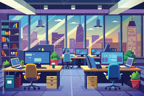 A spacious office features several desks equipped with computers, plants for decoration, and a stunning city skyline illuminated during twilight.