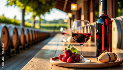 A bottle of red wine is on a table next to a wine glass and a tray of strawberries
