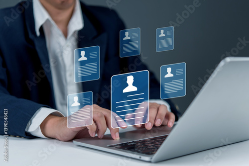 Tablou pe pânză HR manager evaluating resumes and applicant data using online platform hiring, modern recruitment, talent search, and job applications