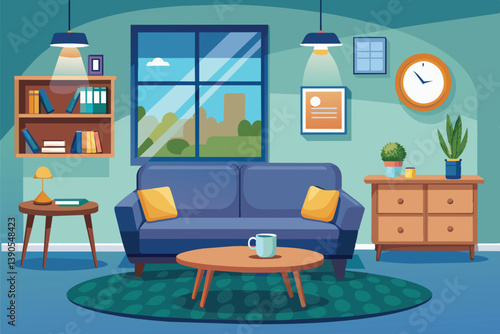A bright living room features a blue couch with yellow cushions, a round coffee table, and a cheerful view outside. Shelves are lined with books and decor items.