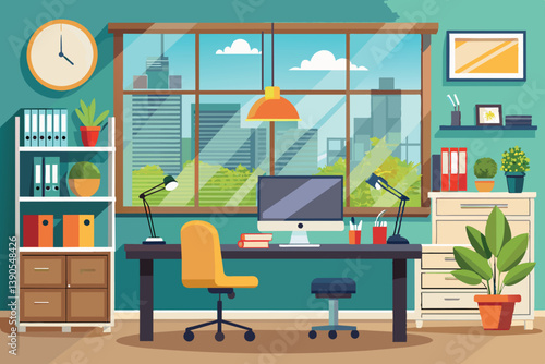 A cozy home office features a large window revealing a city skyline, filled with greenery and a sleek desk setup, creating an inviting workspace for productivity.