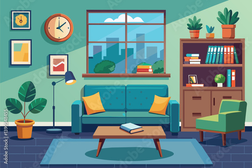 A vibrant living room displays a cozy teal sofa adorned with cushions, a stylish coffee table, and greenery. Sunlight floods the space, revealing a skyline view through the window.