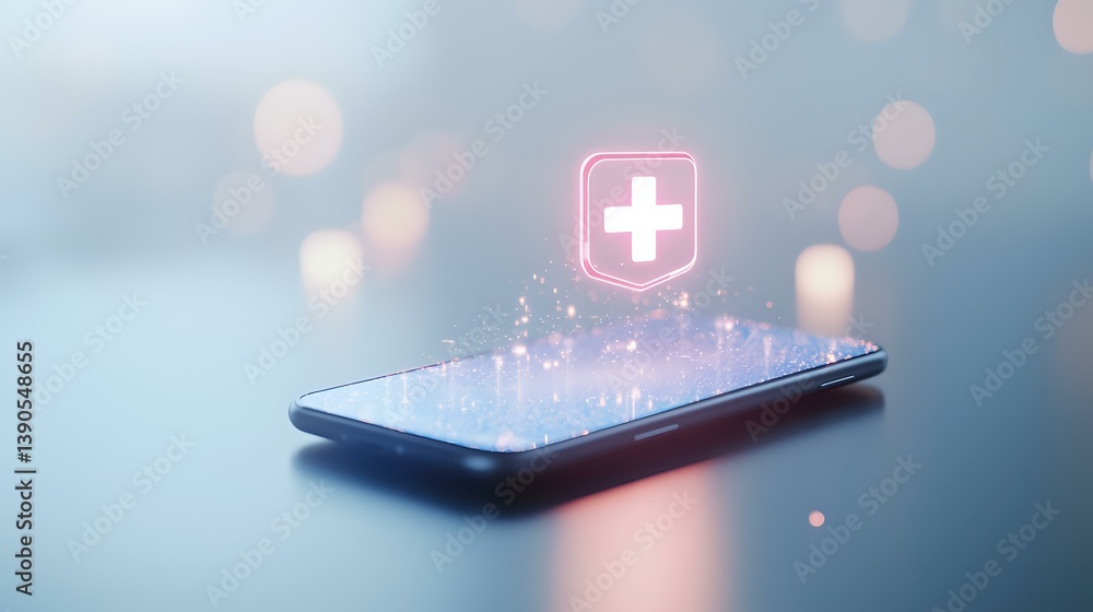 Glowing medical cross hologram floating above smartphone screen with sparkles and bokeh effects on blue background, representing digital healthcare technology.