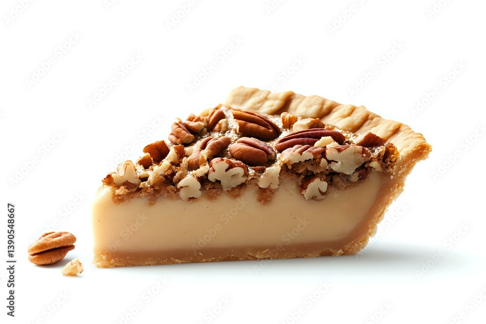 Slice of creamy vanilla custard pie topped with crunchy pecans and caramel drizzle on flaky golden crust, served on white background. Homestyle dessert.