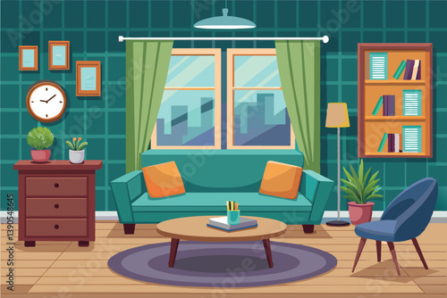 A bright and inviting living space featuring a turquoise sofa, colorful cushions, bookshelves, and decorative plants bathed in warm sunlight.