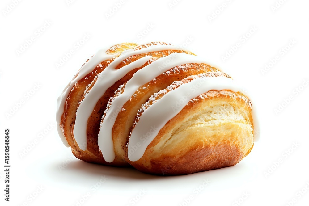 Fresh baked sweet roll with white vanilla glaze drizzle in diagonal stripes on isolated background, ready for pastry shop or bakery advertising.
