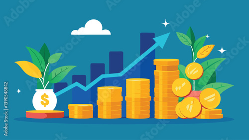 The graphic depicts rising financial growth through stacks of coins and growing plants against a blue background, illustrating investment and prosperity in a visually engaging way.