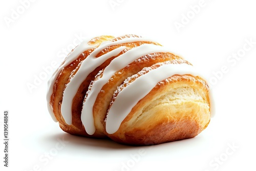 Obraz na płótnie Fresh baked sweet roll with white vanilla glaze drizzle in diagonal stripes on isolated background, ready for pastry shop or bakery advertising. w salonie