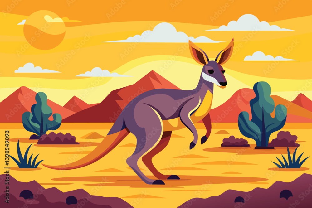 A kangaroo gracefully hops through a colorful desert setting at sunset, surrounded by stylized mountains and lush greenery against a warm sky. A kangaroo gracefully hops through a colorful desert setting at sunset, surrounded by stylized mountains and lush greenery against a warm sky.